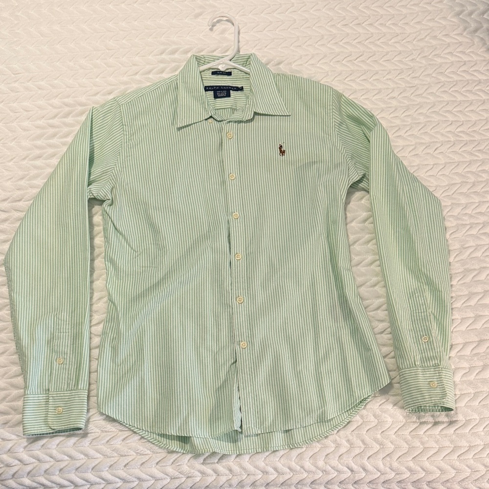 Ralph Lauren Women's Light Green Striped Button Down Shirt